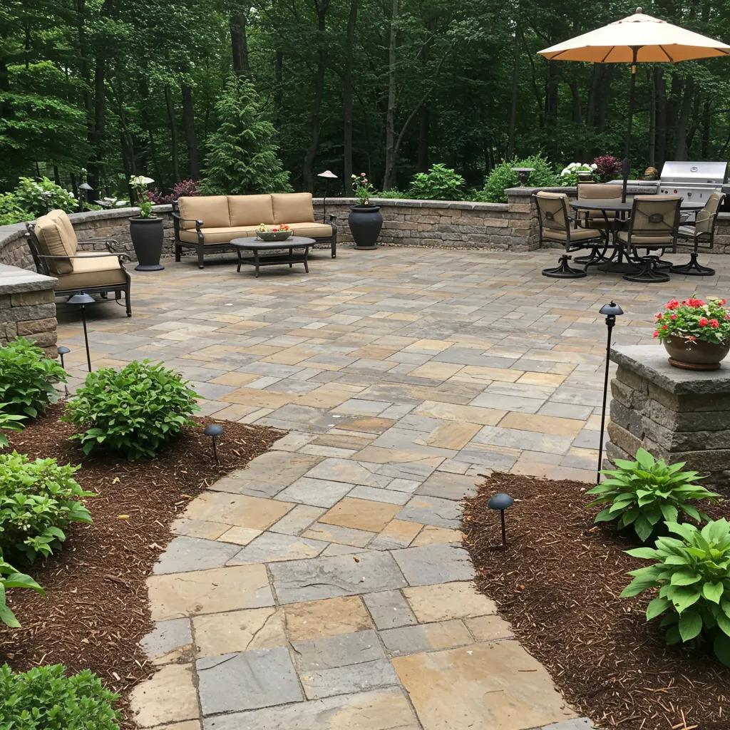 Beautifully designed custom stone patio surrounded by greenery and outdoor furniture