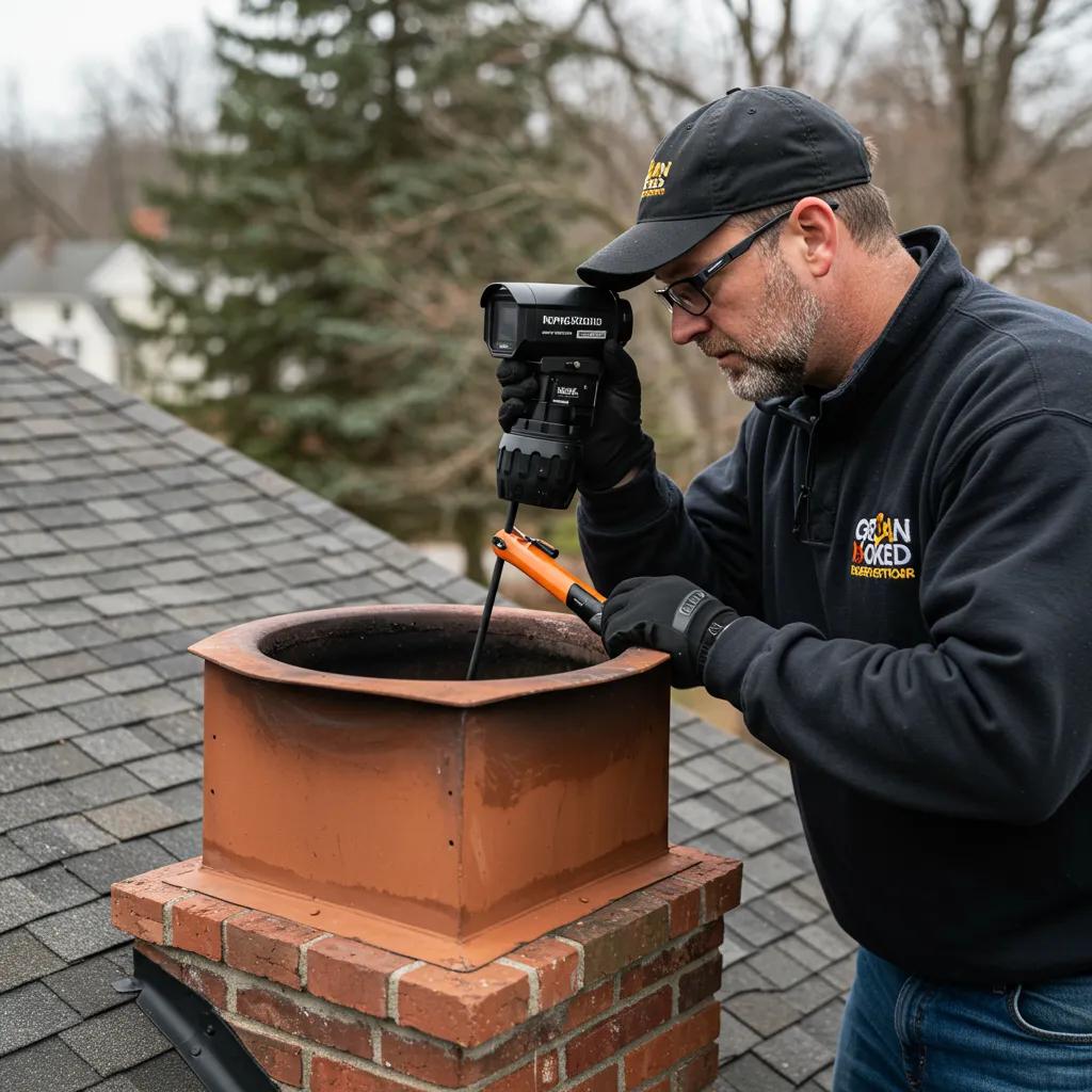 Chimney inspector using tools for a thorough check, emphasizing safety and maintenance importance