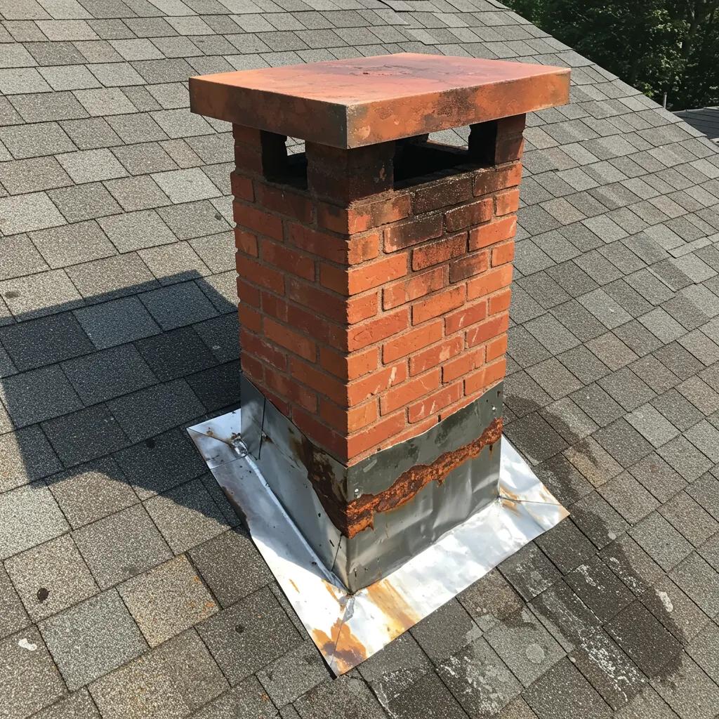 Close-up of chimney flashing showing signs of corrosion and water stains on the adjacent roof area