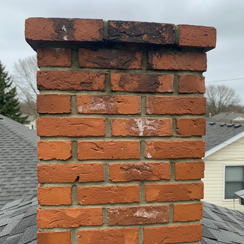 Close-up of a brick chimney showing signs of decay like spalling and efflorescence, emphasizing the risks of neglect