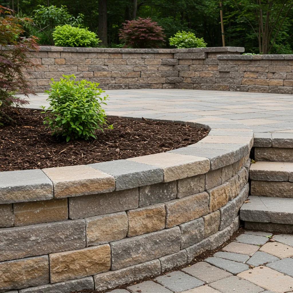 Close-up of a durable stone retaining wall and patio demonstrating longevity in landscaping
