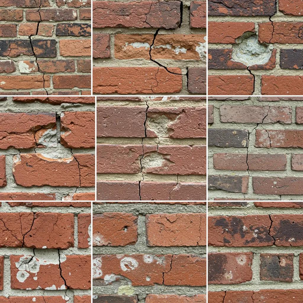 Close-up of common masonry damage types including cracks, spalling, and efflorescence on a brick wall