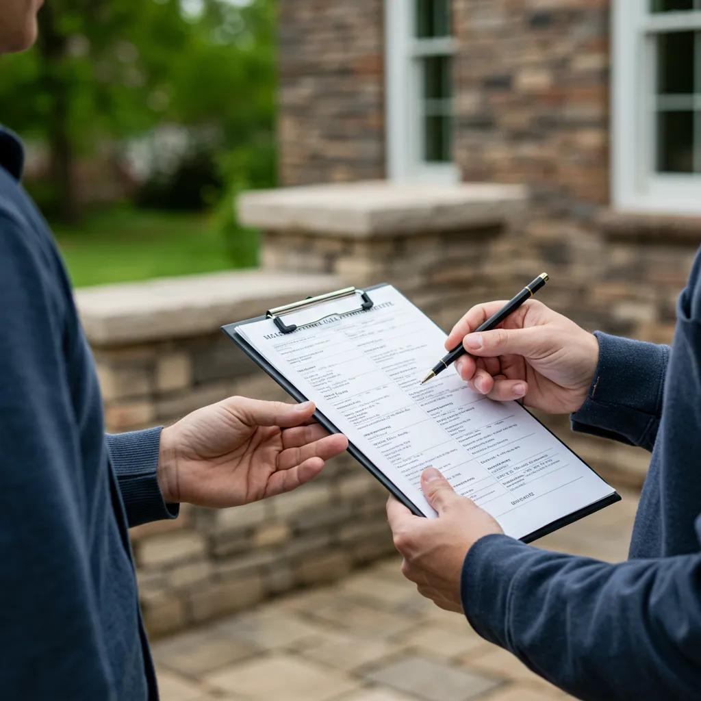 Contractor explaining masonry repair costs to a homeowner at a residential property, emphasizing transparency and trust