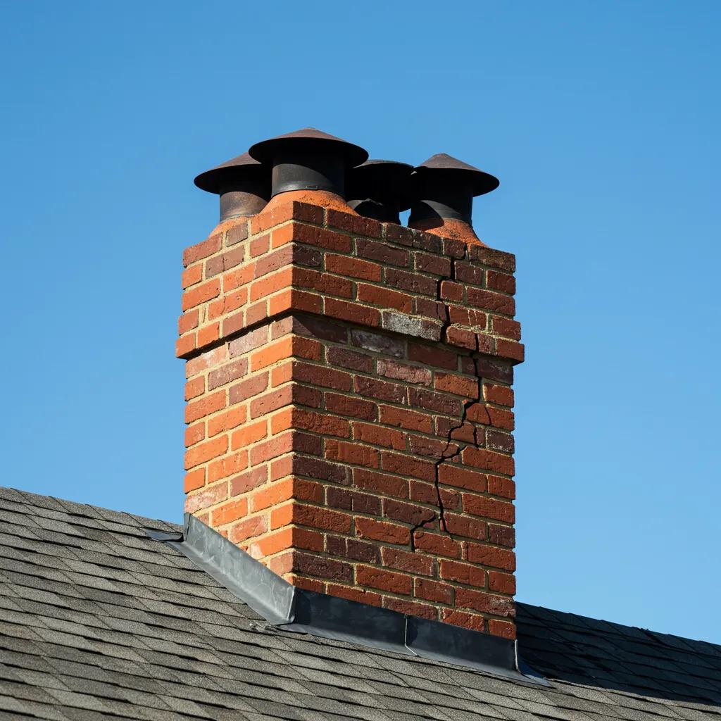 Damaged brick chimney with visible cracks and efflorescence against a blue sky, highlighting urgent repair needs