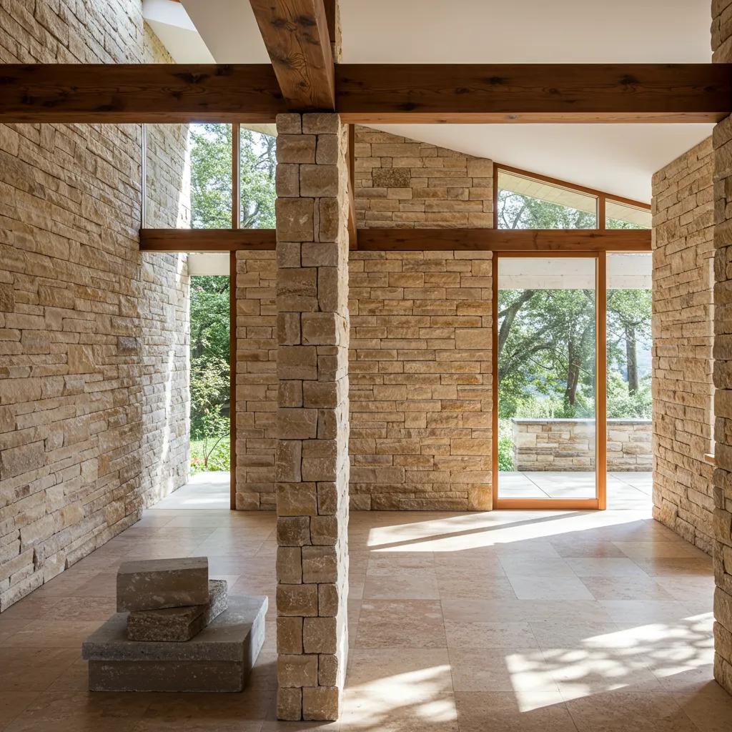 Interior view of a modern home with stone masonry walls demonstrating energy efficiency