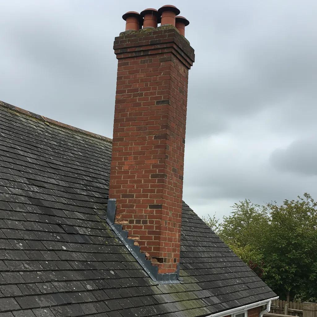 Chimney leaning away from the house with a visible gap at the roofline, indicating structural instability