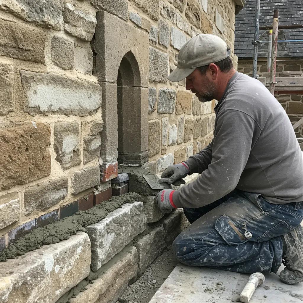 Mason performing stone repair and restoration work, emphasizing craftsmanship and attention to detail