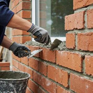 Mason repairing a brick wall with tools, highlighting craftsmanship and masonry skills
