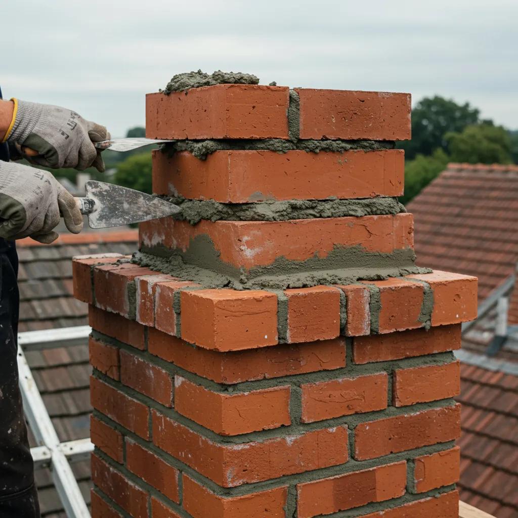 Mason working on a Toronto chimney, showing tools and materials for restoration