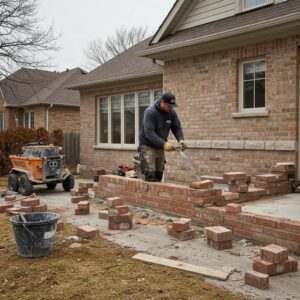 Mason repairing brickwork on a residential home in Mississauga, highlighting craftsmanship and masonry skills