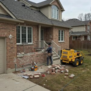 Masonry contractor repairing a brick wall in a residential Mississauga home, highlighting craftsmanship and local architecture