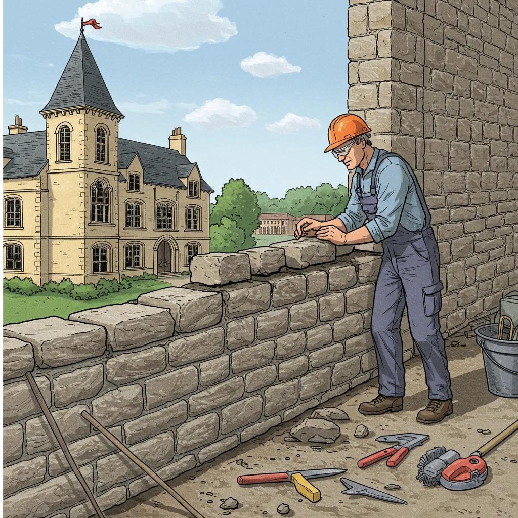 Professional mason repairing a stone wall, showcasing restoration techniques and tools