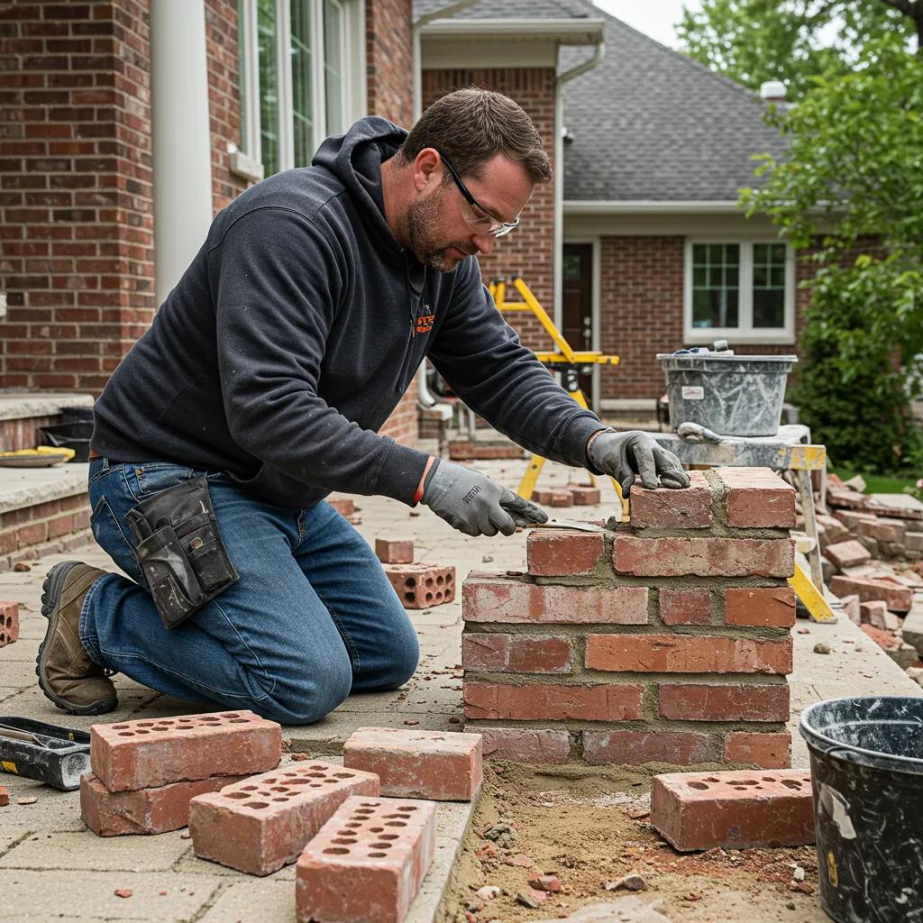 Professional masonry contractor repairing brickwork in Mississauga, highlighting masonry restoration services