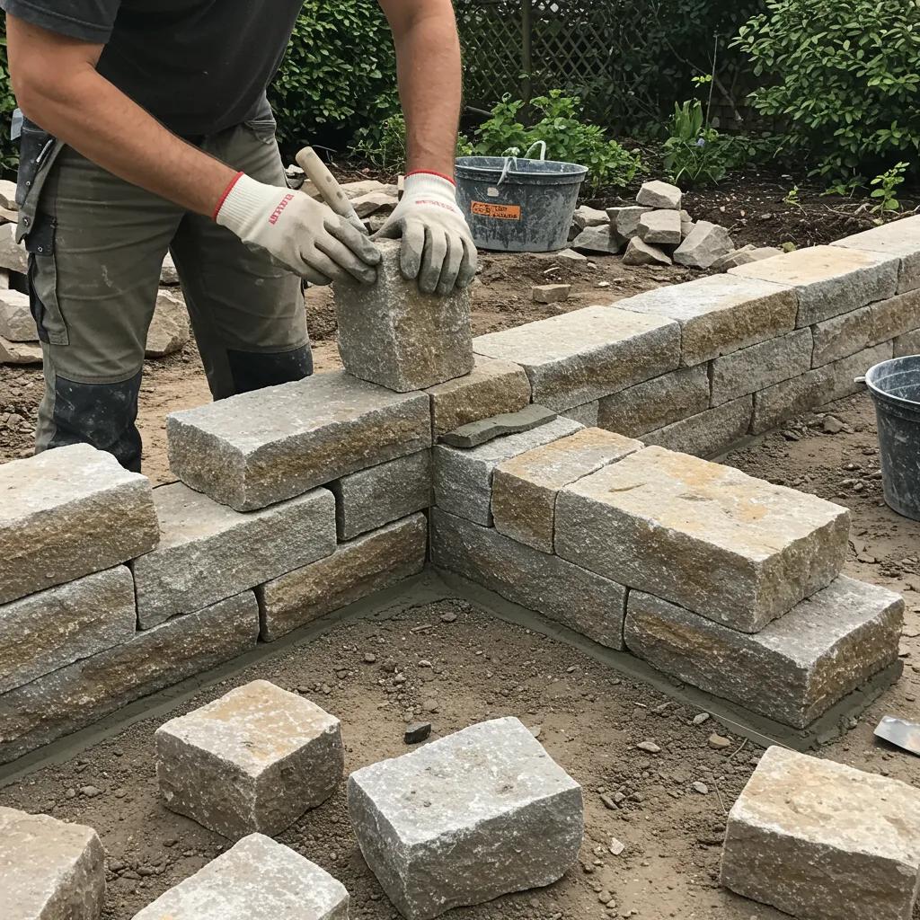 Skilled mason working on stone masonry project with natural stones and tools