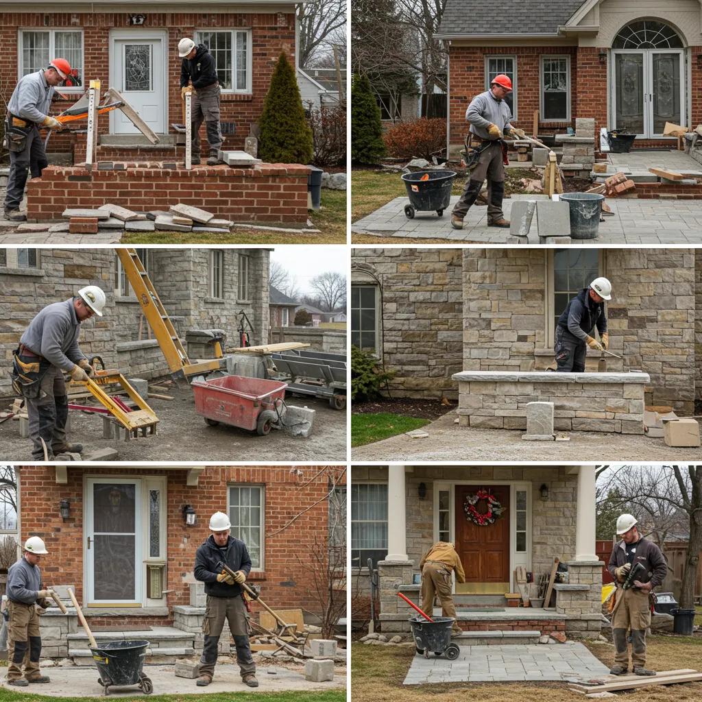 Skilled workers performing various masonry services including brick repair and tuckpointing at a Mississauga property