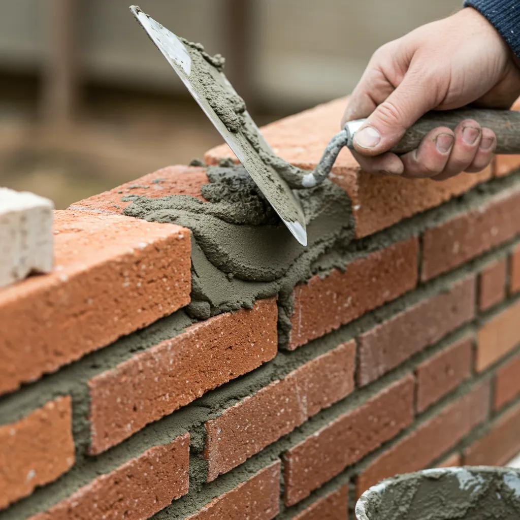 Technician applying mortar to brick joints during masonry restoration, emphasizing structural integrity