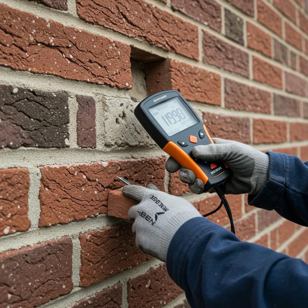 Technician examining brickwork with a moisture meter, emphasizing local expertise in masonry