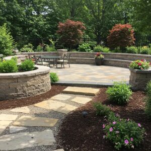 Vibrant stone landscaping in Mississauga featuring a flagstone patio and natural stone walkways