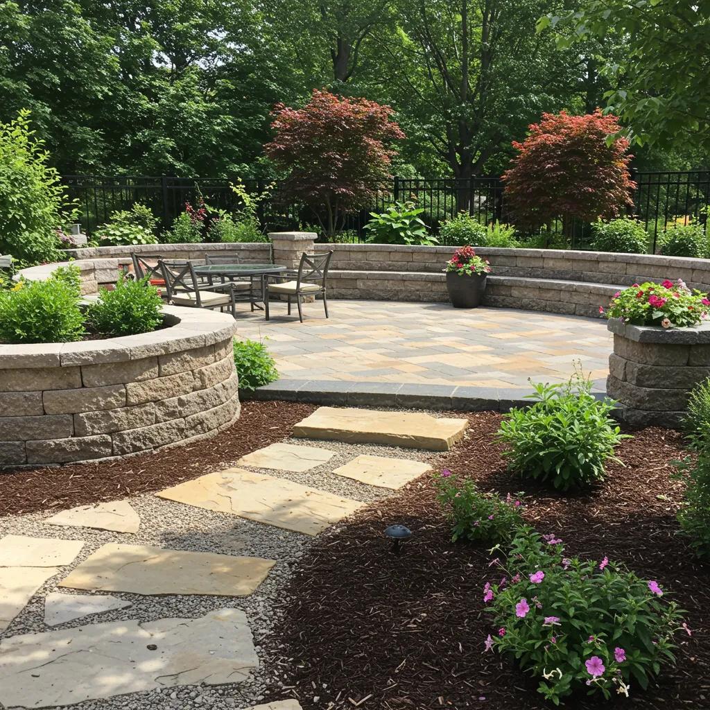 Vibrant stone landscaping in Mississauga featuring a flagstone patio and natural stone walkways